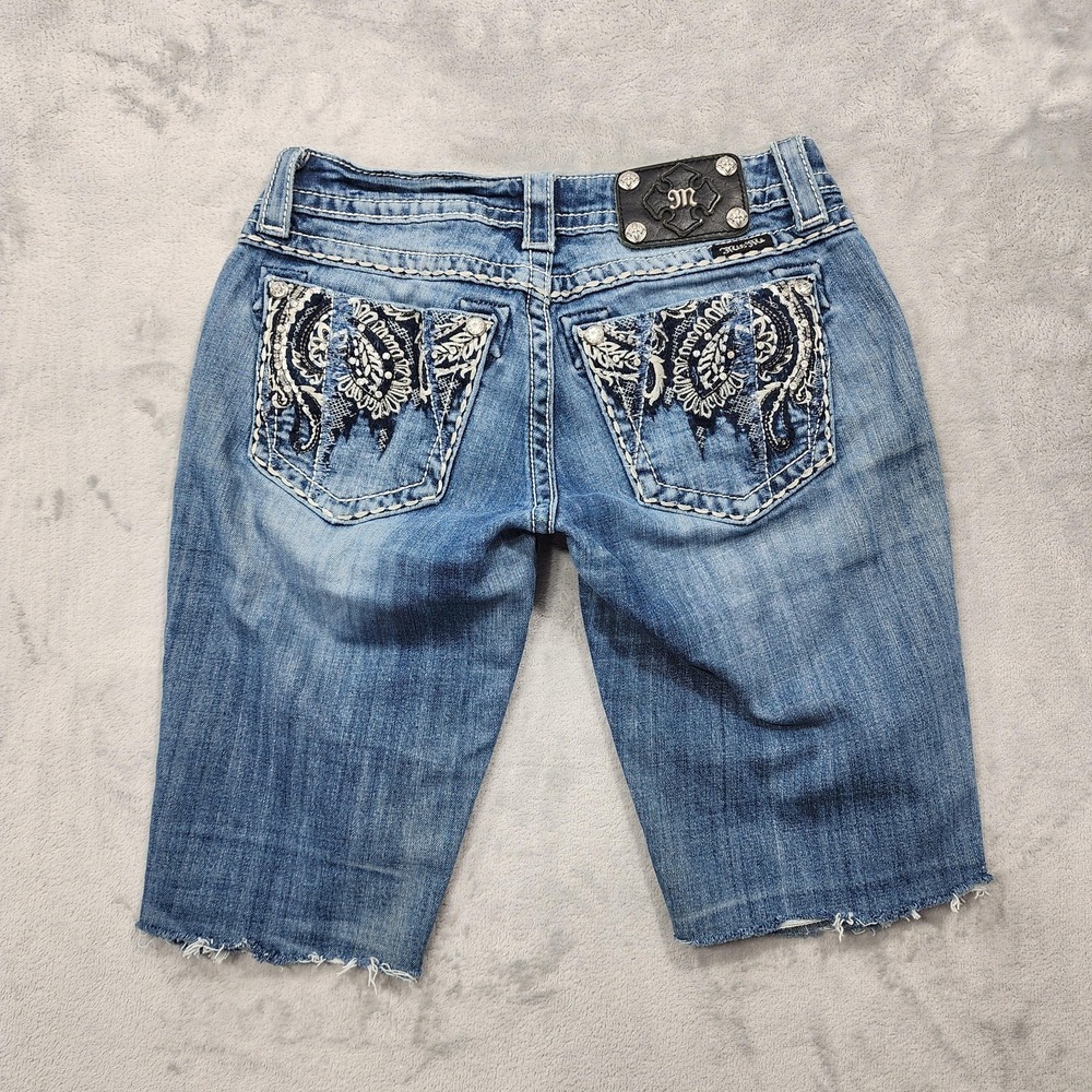 Miss Me Shorts Womens 27 Blue Bermuda Cutoff Paisley Lace Rhinestone Embroidered
